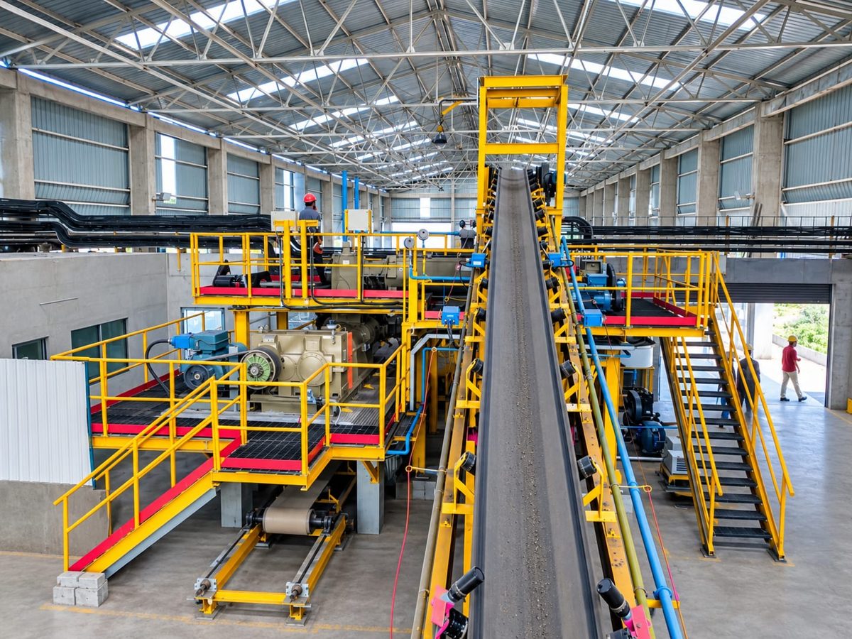 Belt conveyor with yellow platforms and stairs inside a plant hall